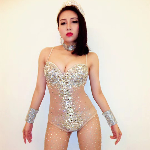 Monos Sexy Rhinestone Pearl Stripper Outfit Pole Dance Leotard Stage Performance Mesh Jumpsuit Women Transparent Club Bodysuits
