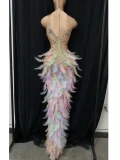 Gala Rhinestone Dress Party Sexy 2023 Sleeveless Performance Wear High Slit Fringe Velvet Feather Prom Dress