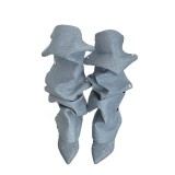 Spot~Willow nail buckle splicing two pairs of thin high heels denim pleated pile up boots, female personality spicy girl fashion long boots