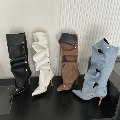 Spot~Willow nail buckle splicing two pairs of thin high heels denim pleated pile up boots, female personality spicy girl fashion long boots