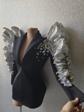 Sexy Black Long Sleeve Crystal Ruffles Jacket Suit Evening Prom Coat Dancer Stage Performance Blazers Women Club Party Blazer