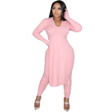 Cross border European and American women's clothing Amazon long sleeved ribbed solid color lapel split dress casual two-piece set