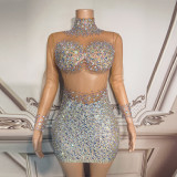 Shiny Rhinestone Stitching Party Dress Women Tight Skirt Dress