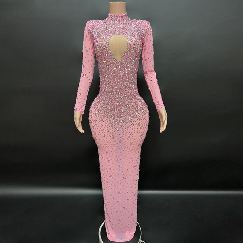 NOVANCE new products 2023 baby pink shiny diamonds high neck heart-shaped top red carpet dresses crystals long gown for evening
