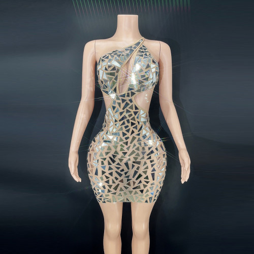 Gzrose Spring Apparel In Stock Shinny Hollow Out Sequin Dresses Women Party Mesh Dress For Club Celebrity Show Wear