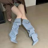2023 Willow Pin Buckle Splice Two Wear Thin High Heels Denim Pleated Stacked Boots Female Personality Spicy Girl Fashion Long Boots