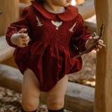 Baby Christmas and New Year's Fart Coat Nordic Autumn and Winter Baby Doll Neck Embroidered Red Long Sleeve Creeper