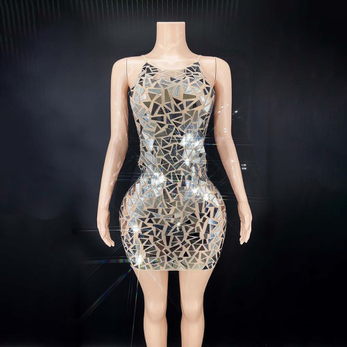 Evening Dresses  Sexy Deep V Party  Night Club Bar See Through Sparkle Mirror Dress Party  Night Club Bar