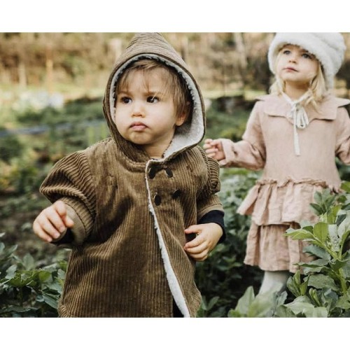 Children's retro warm outerwear with plush 2023 European and American autumn and winter baby hooded corduroy jacket