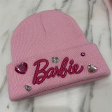 Barbie's Same Pink Gemstone Rhinestone Knitted Hat Women's All Sky Star Warm Woolen Hat Winter Ear Protection Headband Cold Hat
