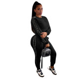 European and American New Casual Set Stock Autumn and Winter Nail Beads Fashion Round Neck Long Sleeve Pants Set Two Piece Set