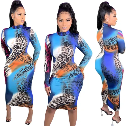 Original European and American women's clothing manufacturer Amazon's popular fashion printed long sleeved slim standing collar dress