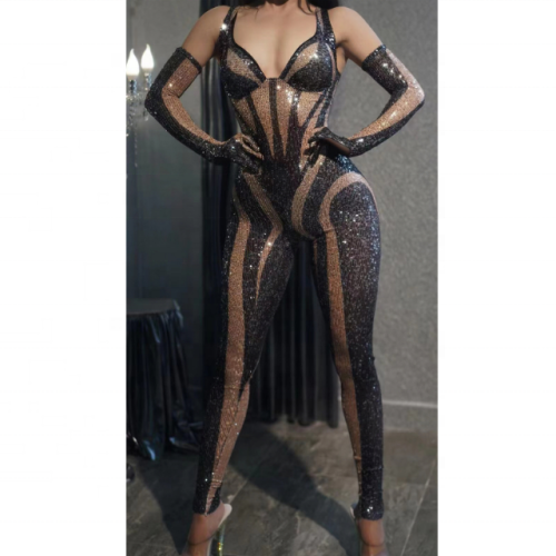 Rhinestones Bodysuit Spandex Jumpsuit Gloves Women Dancer Performance Leggings Birthday Club Outfit