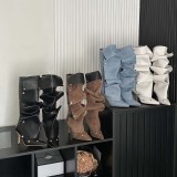 Spot~Willow nail buckle splicing two pairs of thin high heels denim pleated pile up boots, female personality spicy girl fashion long boots