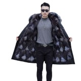 Winter Style Overcoming Men's Mid length Haining Winter Style Fur One Piece Thickened Black Fox Hair Men's Style Overcoming Coat