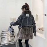 Autumn and Winter New Korean Edition Denim Splice Fox Raccoon Fur Grass Pie Overcoming Coat Thickened Coat Girl