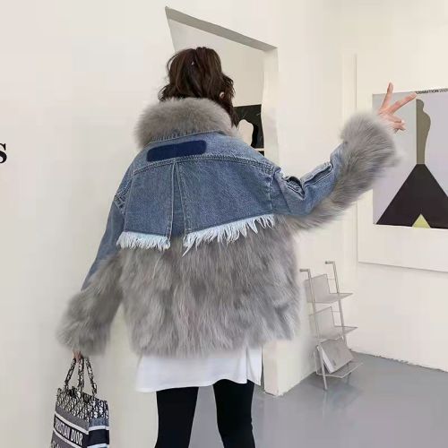 Raccoon Fur Grass Coat Women's New Winter Splice Denim Youth Style Overcoming Conventional Coat Haining