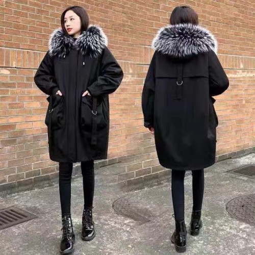 New Pai Overcomes Female Detachable Rex Rabbit Fur Inner Liner Raccoon Fur Collar Casual Korean Medium Length Fur Coat Female