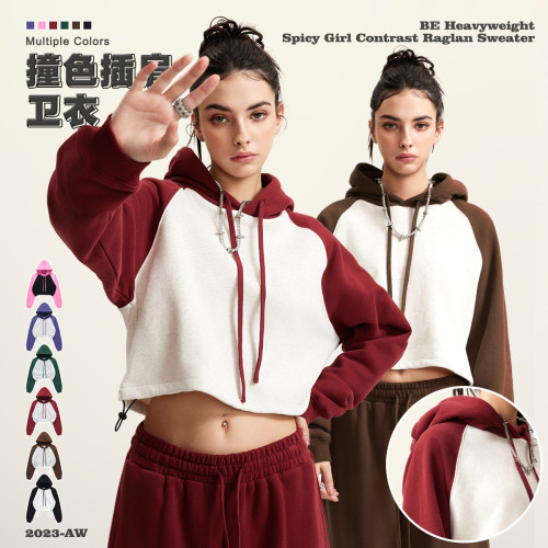 Women's Autumn and Winter American Contrast Raglan BM Style Short Spicy Girls Hooded Sweater Spicy Girls Fashion Brand Hoodie Women