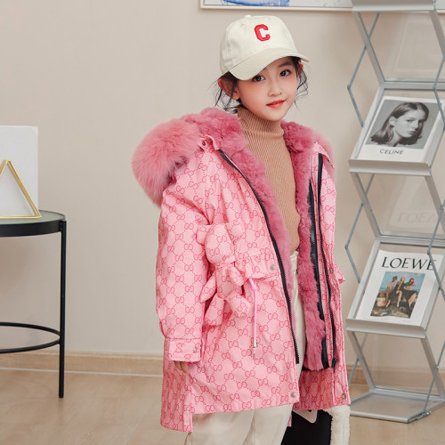 Chaoku Big Brand Wind Little Girl Children's Fur Coat Medium Long Style Pie Overcomes Baby Rex Rabbit Hair Inner Tank Real Hair Winter