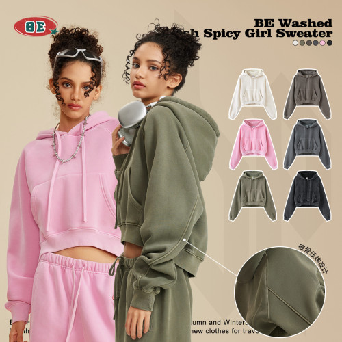 Women's Autumn and Winter INS Street BM Style Spicy Girl Shoulder Raglan Retro Wash Plush Short Hooded Women's Sweater