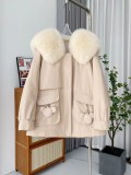 Haining Fur Sect Overcomes Women's New Sky Rabbit Fur Inner Liner Detachable Fox Fur Collar Medium Long Coat Women