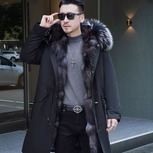 Winter Style Overcoming Men's Mid length Haining Winter Style Fur One Piece Thickened Black Fox Hair Men's Style Overcoming Coat