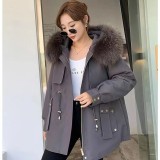 New parka women's fashion otter rabbit fur inner liner fox fur collar detachable mid length fur coat for women