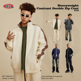 Men's Autumn/Winter American Fashion Brand 420G Heavyweight Contrast Color Double Zipper Loose Sweater Coat