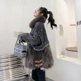 Autumn and Winter New Korean Edition Denim Splice Fox Raccoon Fur Grass Pie Overcoming Coat Thickened Coat Girl