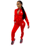 European and American women's winter new outdoor sports solid color embroidered zipper jacket set