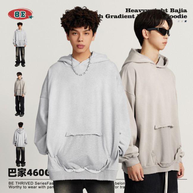 Men's autumn and winter heavyweight Ba Jia 460G washed gradient edged hooded sweater with niche design top