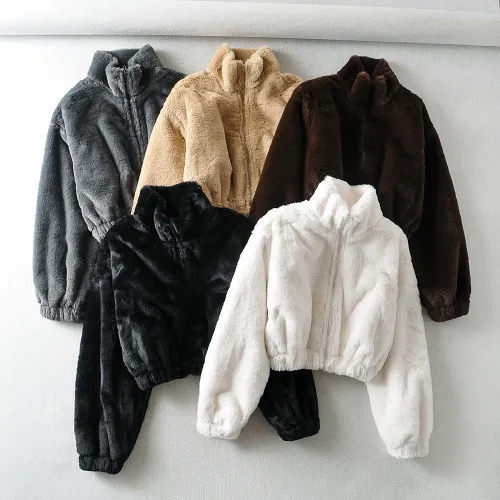 Womens Winter Full Zipper Pocketed Sherpa Short Coat Ladies Warm Fleece Cropped  Loose Jacket