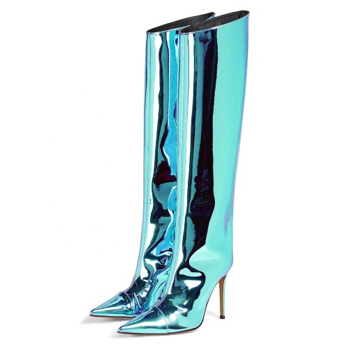 Banquet Botas 2022 New Fashion Metallic Shoes Women Mirror Leather Pointed Toe Stiletto High Heels Long Boot Knee High Boots