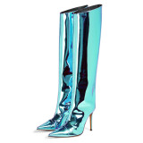 Banquet Botas 2022 New Fashion Metallic Shoes Women Mirror Leather Pointed Toe Stiletto High Heels Long Boot Knee High Boots