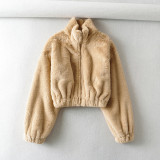 Womens Winter Full Zipper Pocketed Sherpa Short Coat Ladies Warm Fleece Cropped  Loose Jacket