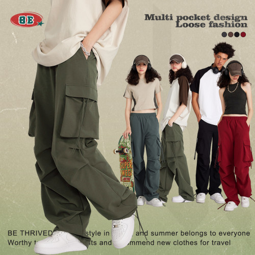 Summer Wide Leg Loose Large Pocket Workwear Pants American Fashion Hiphop Jazz Pants Male
