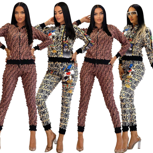 Cross border European and American women's clothing, Amazon casual fashion printed pants, long sleeved jacket set, dinner outfit