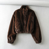 Womens Winter Full Zipper Pocketed Sherpa Short Coat Ladies Warm Fleece Cropped  Loose Jacket
