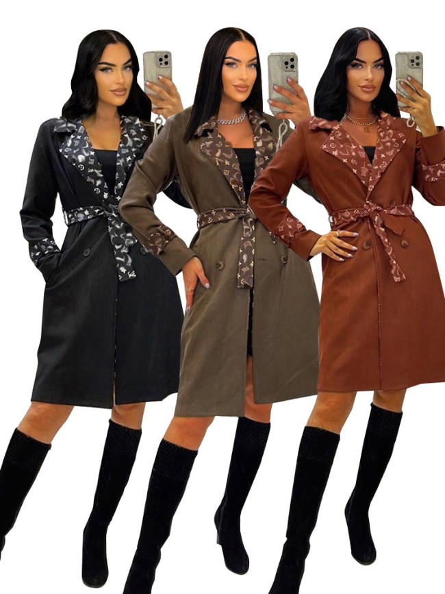 Amazon Winter New Celebrity Style Printed Polo Neck Belt Inner Long Woolen Coat