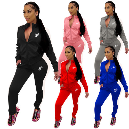 European and American women's winter new outdoor sports solid color embroidered zipper jacket set