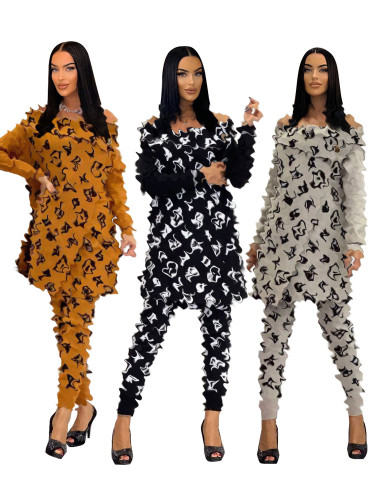European and American women's cross-border outdoor leisure fashion printing winter long sleeved pants one shoulder set