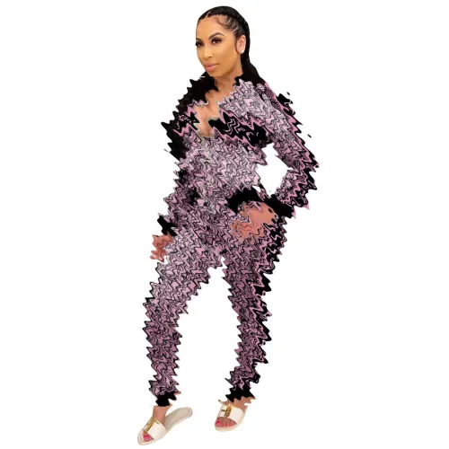 Wholesale of European and American women's clothing, winter new style temperament trend printing, threaded zipper jacket set, in stock