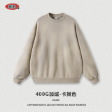 Autumn and winter heavyweight 400G washed plush round neck sweater with retro street trend label loose top