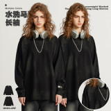 Autumn and Winter Heavyweight Ba Jia Wash Brush Color Raglan Long Sleeve T American Vintage Fashion Brand Round Neck Top