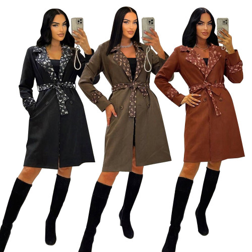 Amazon Winter New Celebrity Style Printed Polo Neck Belt Inner Long Woolen Coat