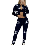 European and American cross-border Amazon women's clothing autumn and winter new printing fashion exposed navel casual long sleeved pants set