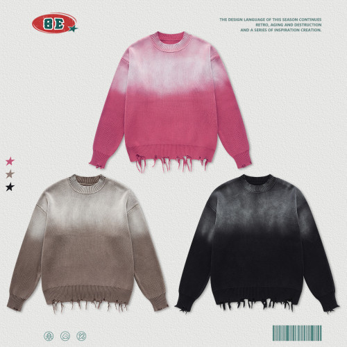 Men's Autumn and Winter American Vintage Fashion Brand Wash Cut Round Neck Gradient Knitted Sweater Couple Top