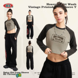 Women's Autumn and Winter American Vintage Fashion Brand Shoulder Raglan Contrast Print Long Sleeve T-shirt Spicy Girl Short Top Female