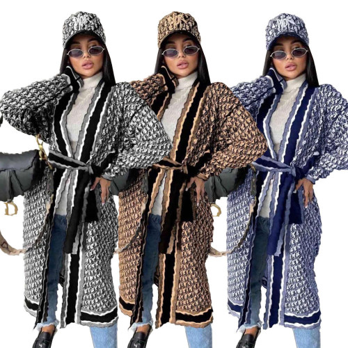 European and American women's foreign trade new autumn and winter outerwear warm and fashionable printing thickened long sleeved belt long coat